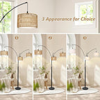 Airposta Black Arc Floor Lamps for Living Room, Farmhouse Boho Floor Lamp for Bedroom, Industrial Standing Lamp for Office, Dimmable Tall Lamp with Rattan Lampshades, Reading Arched Light
