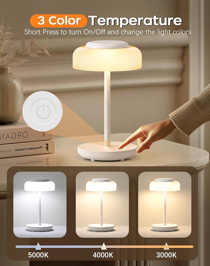 QiMH Battery Operated LED Table Lamp, 5000mAh Rechargeable Cordless Lamp Set of 2, Stepless Dimmable Touch Control, Small Waterproof Desk Night Light for Living Room, Bedroom, Outdoor Bar (White)