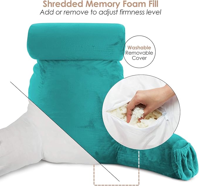 Nestl Reading Pillow Large Bed Pillow, Back Pillow for Sitting in Bed Shredded Memory Foam Chair Pillow, Reading & Bed Rest Pillows Teal Back Pillow for Bed, Bed Chair Arm Pillow with Pockets