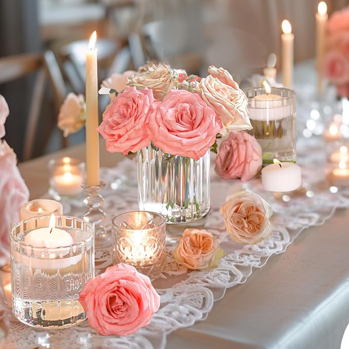 ComSaf 6pcs Mini Glass Cylinder Vases 3.9 Inch Tall, Small Vase for Flowers, Short Ribbed Vases for Centerpieces, Clear Hurricane Glass Candle Holders for Table Party Home Decor