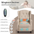 Wingback Chair with Massage and Heat, Tufted Fabric Pushback Recliner Chair, Wingback Recliner Chair with Remote Control, Padded Cushion, Wooden Legs, Small Recliners for Small Spaces
