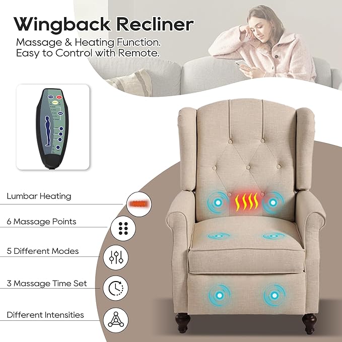 Wingback Recliner Chair with Massage and Heat, Tufted Fabric Push Back Recliner Chair for Living Room, Vintage Wingback Chair with Remote Control, Padded Cushion, Backrest, Wooden Legs