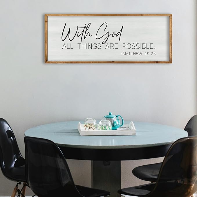 ZZJJHYWGQ Bible Verse Wall Decor With God All Things Are Possible 32"×12" Christian Religious Home Inspirational Print Catholic Sign for Living Room Religious Faith Large Hanging Art (Wood)