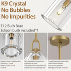 Botanist Cloche K9 Crystal Pendan Light,Modern Crystal and Brass Pendant Lights Fixture,Gold Pendant Lights Kitchen Island,Kitchen Pendant Lighting Over Island,E12 Bulb Included