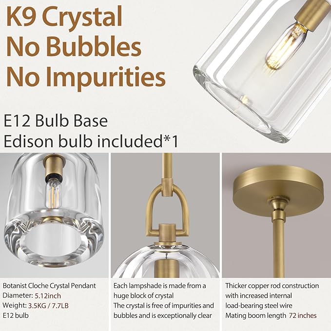 Botanist Cloche K9 Crystal Pendan Light,Modern Crystal and Brass Pendant Lights Fixture,Gold Pendant Lights Kitchen Island,Kitchen Pendant Lighting Over Island,E12 Bulb Included