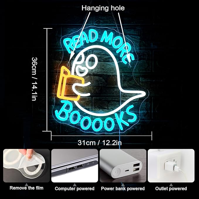 WLHOPE Read More Booooks Neon Sign Read More Books Neon Signs for Wall Decor Dimmable Book Neon Lights Classroom LED Light Up Boo Sign for Bedroom Bookstore Reading Room Library Study Room Decoration