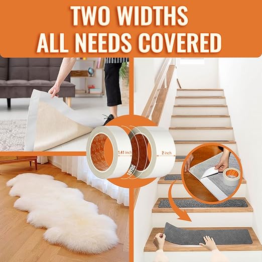 YONGJIN Double Sided Carpet Tape - Heavy Duty Rug Tape Gripper for Hardwood Floors No Damage, Secures Area Rugs, Laminate & Tile (1.41Inch + 2Inch, 2 Rolls, Total 20 Yards)