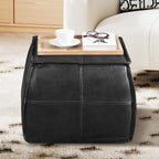 Genuine Leather Square Pouf Ottoman Footstool for Living Room, Bedroom, Indoor (Black)