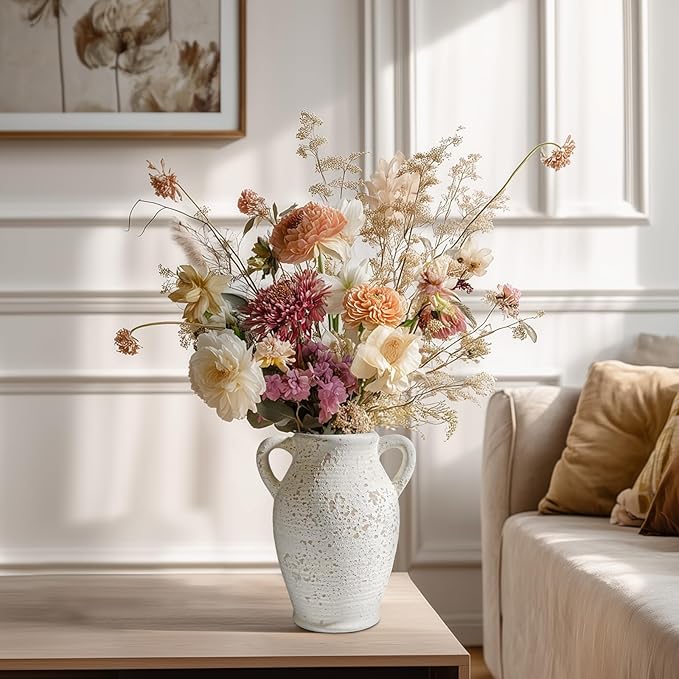 Sunddo Rustic Ceramic Flower Vase with 2 Handles, Textured Farmhouse Vase, White Modern Decorative Vases, Living Room, Shelf, Mantle, Entryway, Fireplace Decor