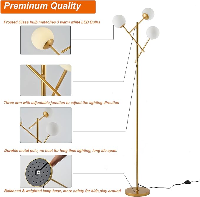 Fiqevs Globe Floor Lamp with 3 Adjustable Orb Lampshade, Gold Mid Modern Frosted Glass Standing Lamp Bulbs Included, Sputnik Tree Tall Pole Lamp for Living Room, Bedroom - Antique Brass