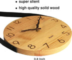 Kesin Wooden Wall Clocks 10 inch Silent Wall Clock Battery Operated Hand Made Round Farmhouse Clock with Rope Hanging Home Decor for Kitchen, Living Room, Bedroom, Office (Nature)