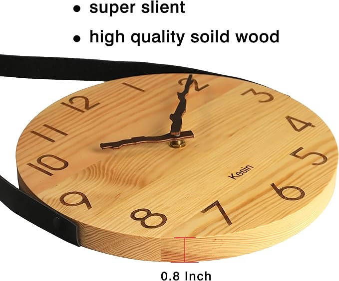 Kesin Wooden Wall Clocks 10 inch Silent Wall Clock Battery Operated Hand Made Round Farmhouse Clock with Rope Hanging Home Decor for Kitchen, Living Room, Bedroom, Office (Nature)