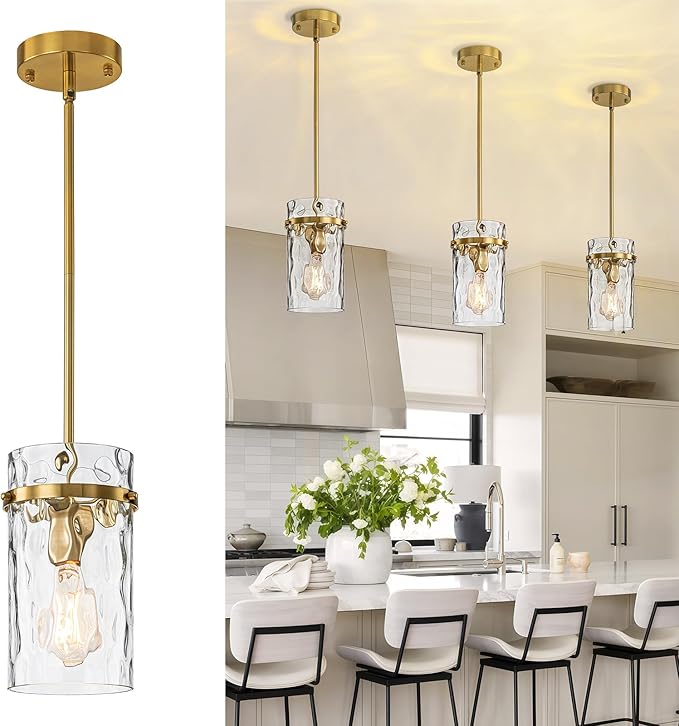 Brass Hammered Hand-Blown Glass Pendant Light, Pendant Lights Kitchen Island Vintage Kitchen Island Lighting Gold Pendant Light Fixtures Dining Room Light Island Lights Pendant Lighting 1 Pack