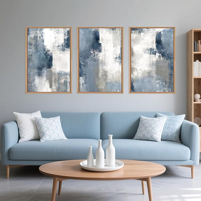 LHIUEM Large Abstract Brush Strokes Framed Canvas Wall Art Set,Navy Blue and Gray Wall Decor,Modern Color Block Shape Artwork,Minimalist Neutral Blue Printing for Living Room,Bedroom, Office-16''x24''x3