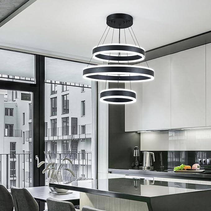O'NEELDY Modern LED Chandeliers Adjustable Hanging Black Pendant Light Fixture 3 Ring Flush Mount Chandeliers for Bedroom,Kitchen,Island Cafe