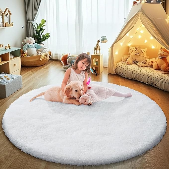 White Fluffy Round Area Rugs for Bedroom,4'X4'Shag Circle Area Rugs for Girls Room,Non Slip Fuzzy Plush Rug for Kids Room Living Room and Dorm Home Decor Rug