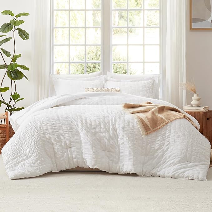 CozyLux Oversized Queen Comforter Set White Seersucker 7 Pieces Bed in a Bag Queen Comforter Set with Sheets, Luxury Soft Bedding Set with Down Alternative Comforter, Sheets, Pillowcases & Shams
