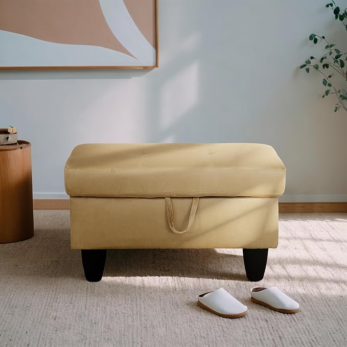 Ottoman Rectangular Storage Ottoman Bench, Flannel Footrest Stool Footstool with Lid for Living Room, Bedroom, Entryway, Light Brown, 28.5"x19"x17.5"