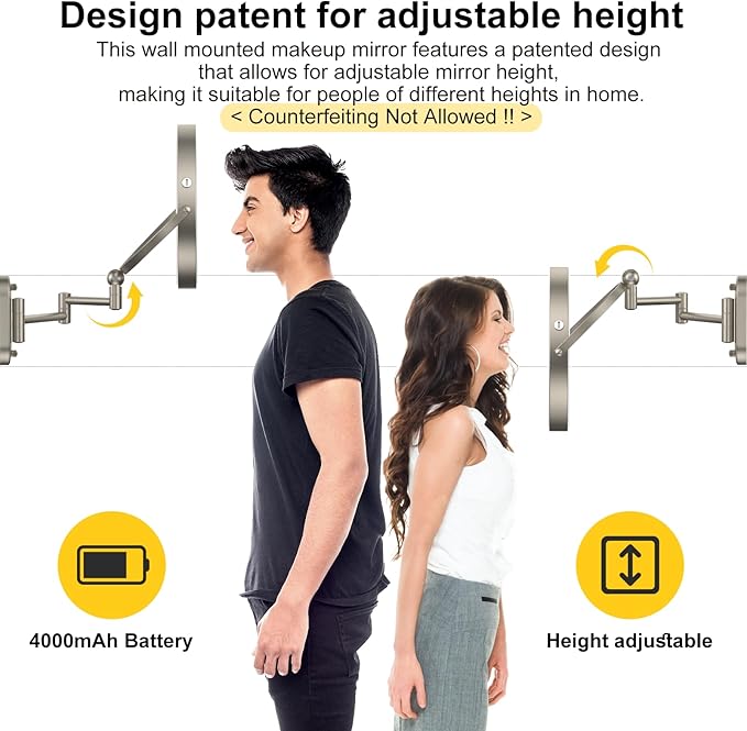 9" Wall Mounted Lighted Makeup Mirror,4000mAh Rechargeable Double Sided 1X/10X Magnifying Mirror with Light,3 Color Lights,Touch Dimmable,Extended Arm 360 Rotation Wall Mounted Makeup Mirror