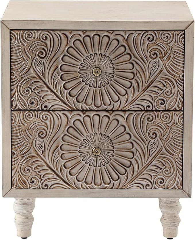 HOMPUS 2-Drawer Farmhouse Nightstand, Fully Assembled Boho Night Stand, Vintage Accent End Table Bedside Table, Small Nightstand Organizer for Bedroom, Laundry, Distress White