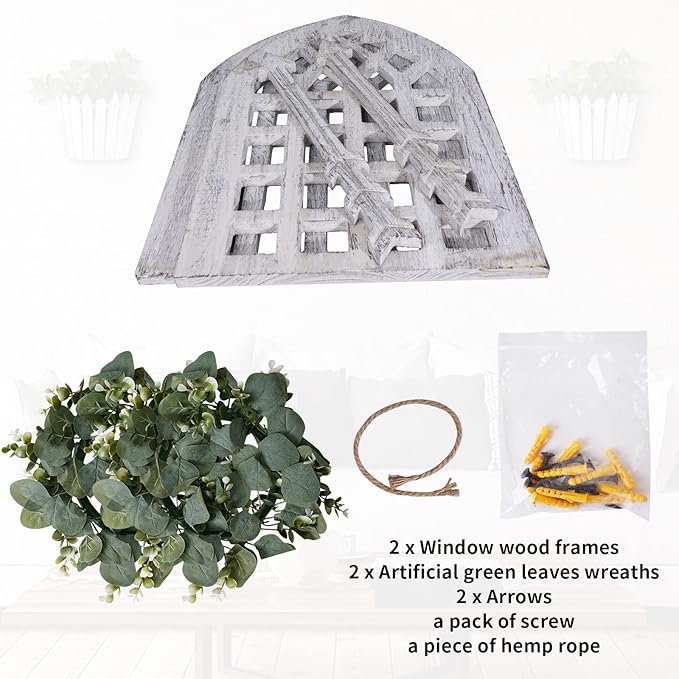 Rustic Wood Window Frame with Green Wreath and Arrows Wall Decor，Farmhouse Window Frame Hanging Decor, Wooden Fake Decoration,Window Pane Wall Decor,Set of 2 (windows white)