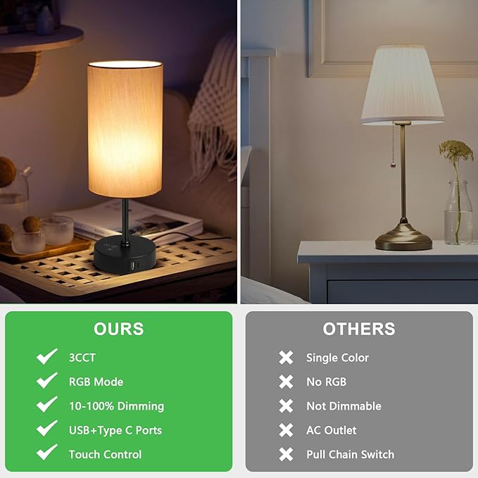 Ascher RGB Table Lamp Color Changing - 3 Color Temperatures and Stepless Dimmable Small Bedside Lamp for Bedroom, Touch Control Nightstand Light with Grey Shade for Reading Home Decor Lights