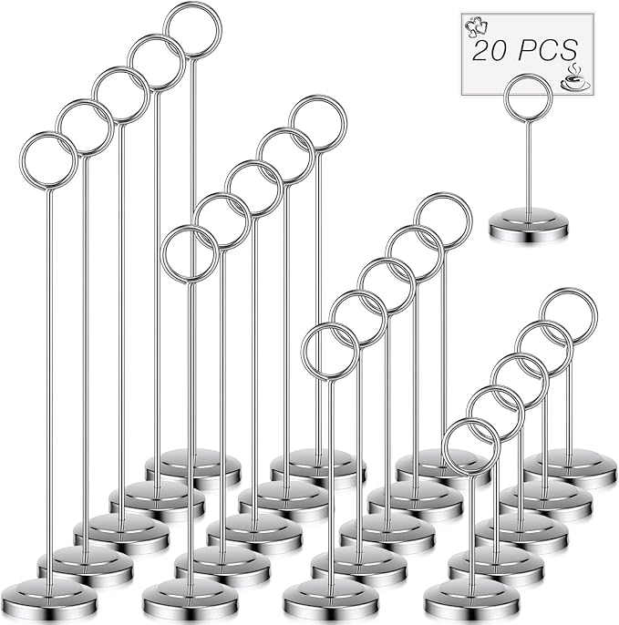 20 Pcs Table Number Holders 4/6/8/10 Inch Place Card Holder Stands Wire Photo Clips Metal Table Card Stands for Centerpieces, Photos, Food Signs, Birthdays, Weddings (Silver)