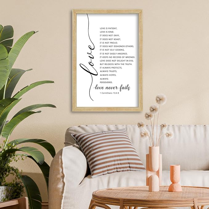 FZMHASLWW Love Is Patient Kind Wall Decor 16"×11" Love Never Fails 1 Corinthians 13 Bible Verse Sign Wood Framed Wall Hanging Art (Wood)