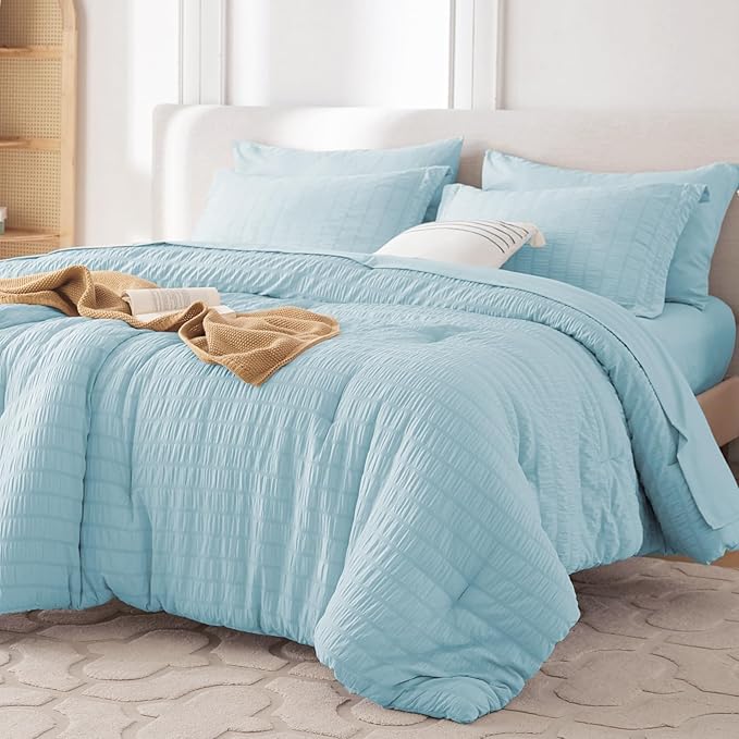 MUXHOMO 7 Pieces King Comforter Set, Seersucker Bed in a Bag King Size, All Season Luxury Bedding Set with Comforter, Flat Sheet, Fitted Sheet, Pillowcases & Shams, Lake Blue
