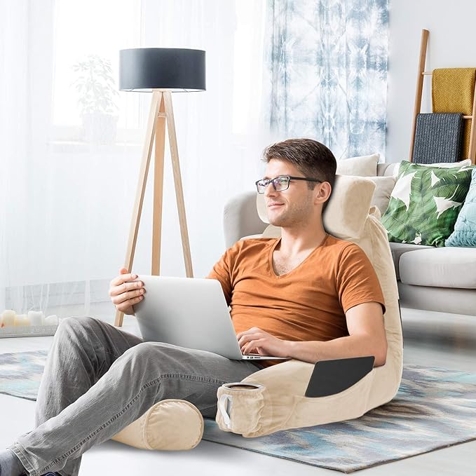 Nestl Reading Pillow Large Bed Pillow, Back Pillow for Sitting in Bed Shredded Memory Foam Chair Pillow, Reading & Bed Rest Pillows Beige Cream Back Pillow for Bed, Bed Chair Arm Pillow with Pockets