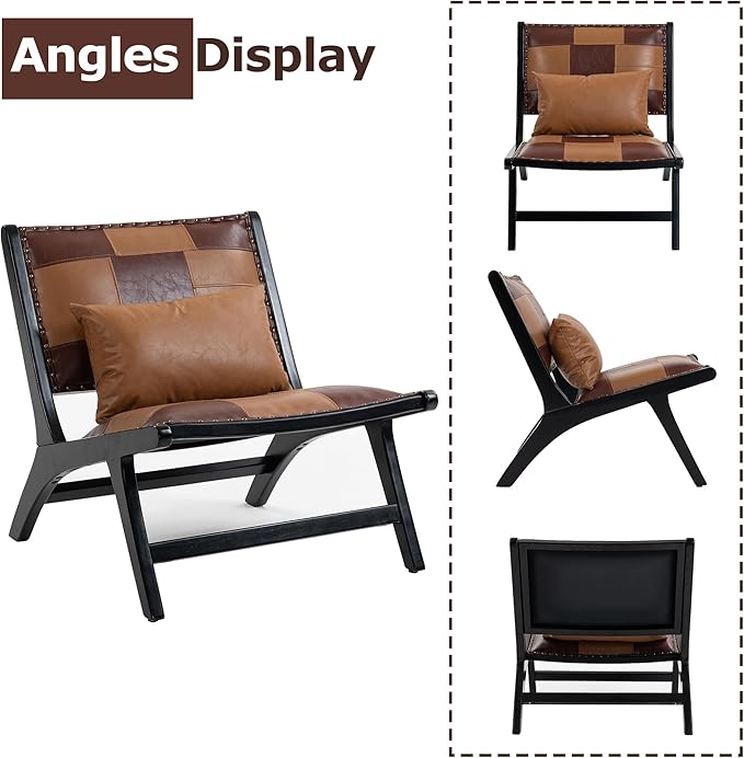 Accent Chair, Modern Comfy Genuine Leather Armless Mid-Century Anthropologie Accent Chairs, Lounge Arm Chair with Solid Wood, Floral Pattern Sofa Chair for Living Room/Office/Balcony/Bedroom