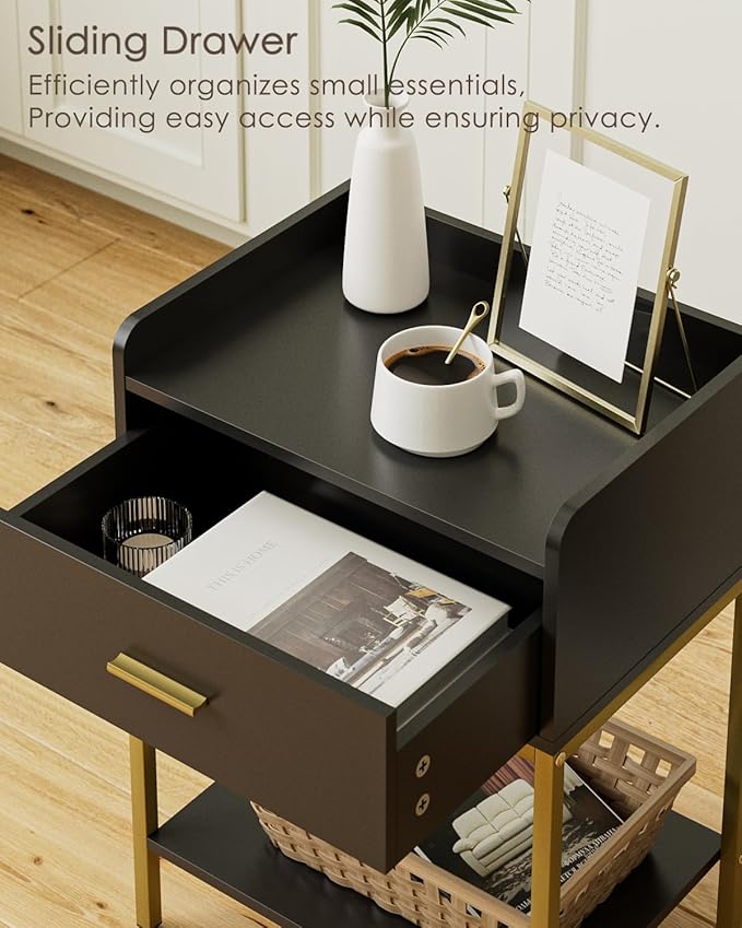 Masupu Nightstand,Bedside Table 3-Tier Modern Night Stand with Storage Drawer and Shelf,Small End Side Table for Bedroom,Living Room,Black (Without Outlet, Black)