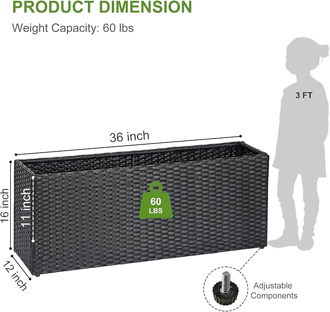 LEWIS&WAYNE Large Rectangular Block Planter Box Handmade Wicker Tall Planters for Outdoor Plants with Removable Liners Modern Planter for Indoor Outdoor Patio Deck - Black, 36''x12''x16''