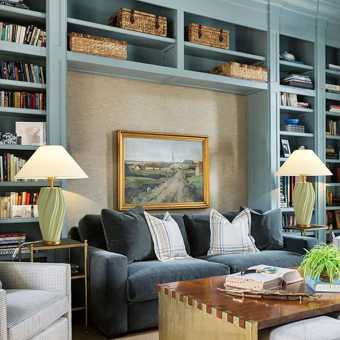 Modern E26 Ceramic Table Lamps 20.5", Sage Green Plug in Table Lamp Funky Decor for Living Room Desk End Bedroom Bedside Room Office