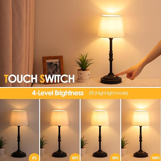 GGOYING Set of 2 Rechargeable Cordless LED Table Lamps, 4-Level Dimmer, Black Portable Desk Lamps with White Fabric Shades, Night Light for Dining, Bedroom and Patio