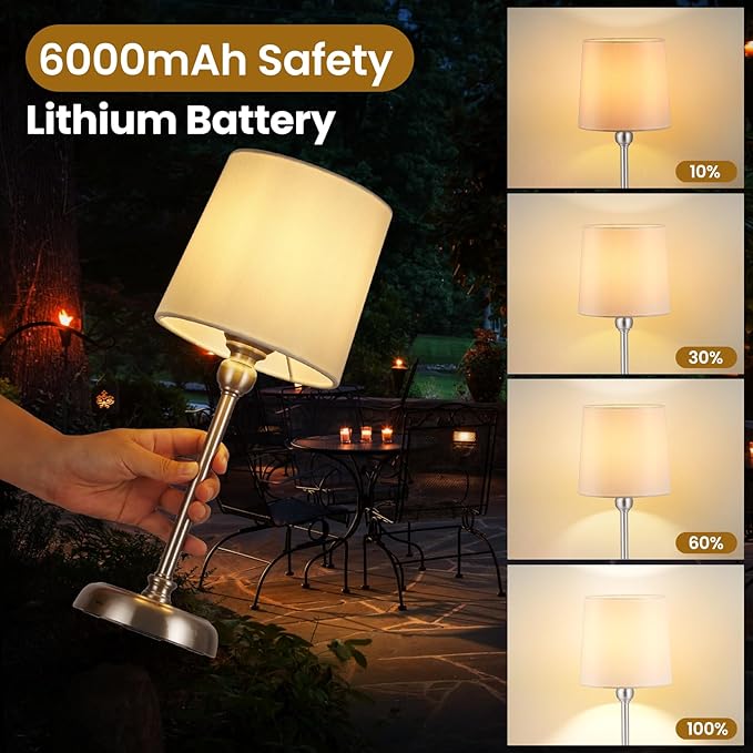 Cordless Small Table Lamp, 6000mAh Rechargeable Battery Powered,LED Touch Control Dimmable Bedside Operated Table Top,Light for Bedroom/Home/Restaurant/Entryway/Dining/Living Room(Brushed Nickel-High)