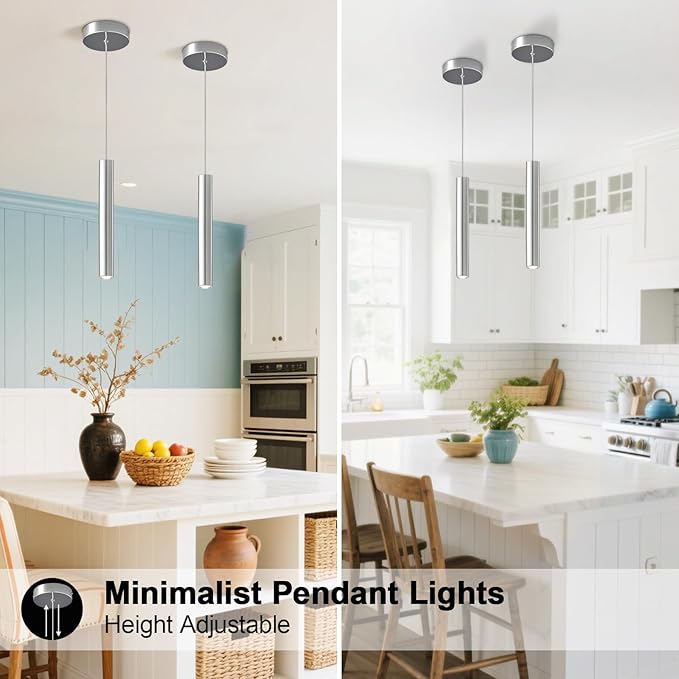 Modern LED Pendant Light Fixtures Chrome Long Tube Pendant Lights 2 Pack Pendant Lighting for Bedroom Dining Room Bar Kitchen Island Hanging Light Height Adjustable, 3000K