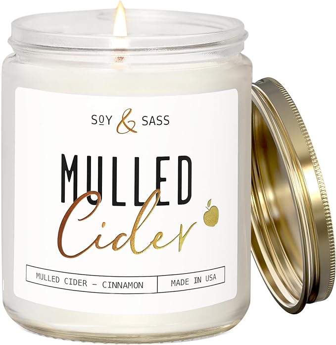 Mulled Cider Candle, Fall Candles I Apple Cider Candle w/Cinnamon & Nutmeg - Infused w/Essential Oils I Mulled Cider Fall Scented Candles (Soy) for Home I 9oz Reusable Jar I 50Hr Burn I Made in USA