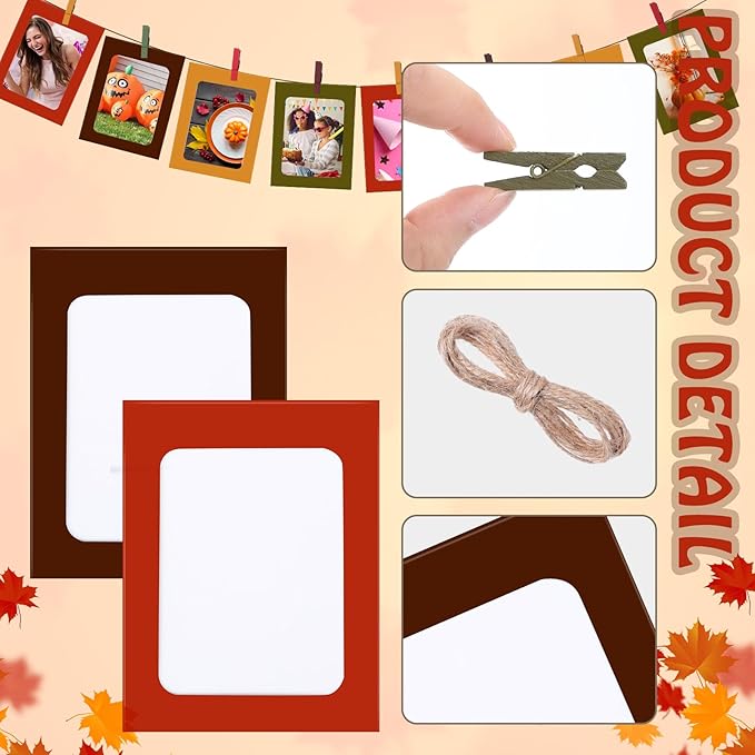 Janlaugh 100 Pcs Fall Paper Photo Frames 4x6 Fall Paper Frame with 100 Clip 10 String Kit DIY Hanging Cardboard Photo Holder Thanksgiving Wall Decor Wedding Home