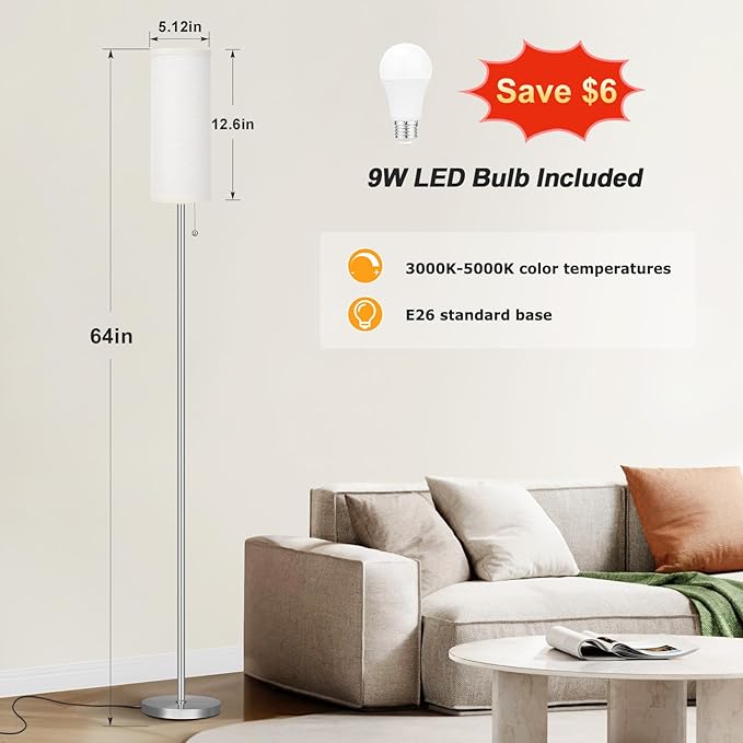 Ambimall Floor Lamp for Living Room with 3 Color Temperatures Bulb, 64" Standing lamp with Linen lampshade for Bedroom, Minimalist Pole Lamp, Beige Shade & Silver Pole