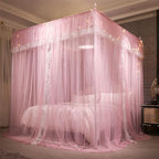 VETHIN 4 Corners Post Ruffle Princess Bed Canopy Curtain-Double Layer Cozy Drape Netting 4 Opening Mosquito Net for Girls Adults Bedroom Decoration (Pink/Whtie,78" W*86" L*82"*H/King)
