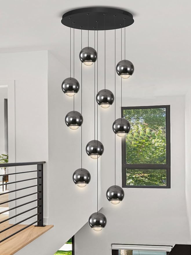 10-Light LED Staircase Black Chandelier Crystal Ceiling Lights Large Chandeliers for High Ceilings, Entryway Modern Lighting Fixture Villas and Stairs