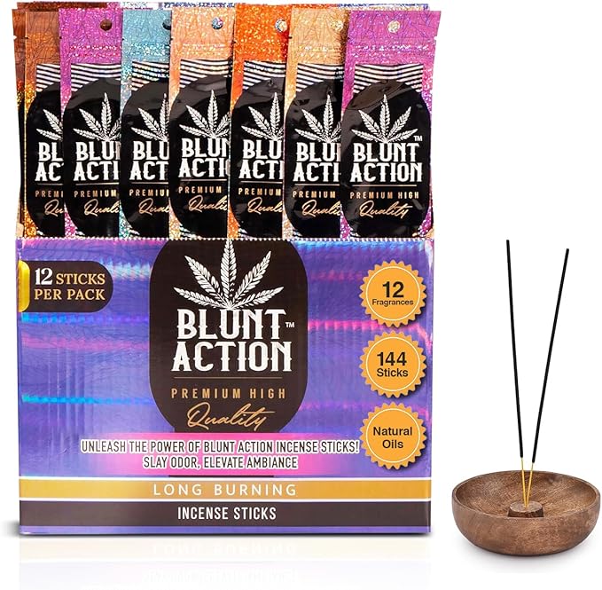Tulasi Blunt Action Incense Sticks, 12 Packs, 144Pc, Long Lasting Fragrance, Natural Essential Oils Hand Rolled Incense Sticks for Aromatherapy, Relaxing, Yoga, Meditation, Prayer