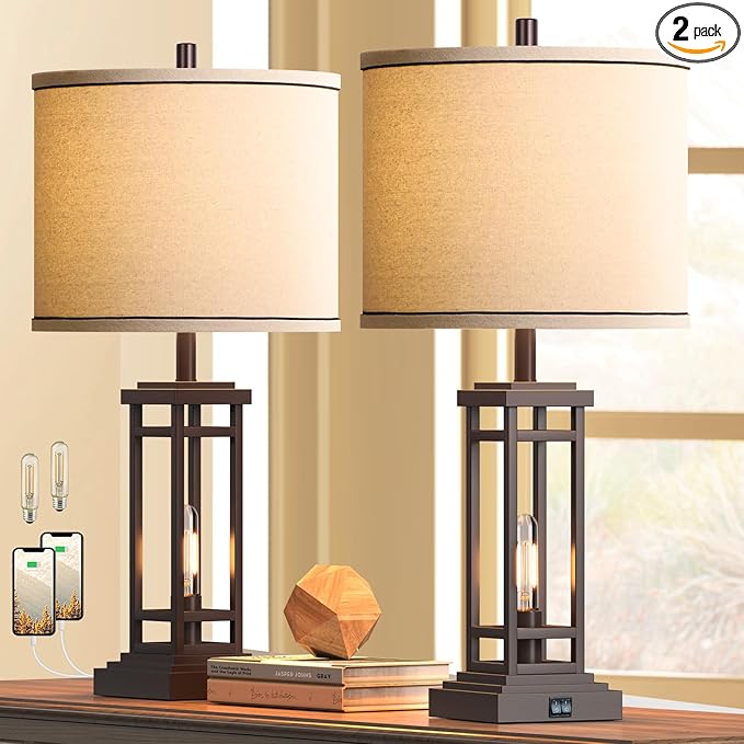 27.5 Tall Farmhouse Table Lamps with USB C + USB A Charge Ports, Rustic Living Room Lamps Set of 2, Black Industrial End Table Lamp for Bedroom Living Room Nightstand (Oil-Rubbed Bronze)