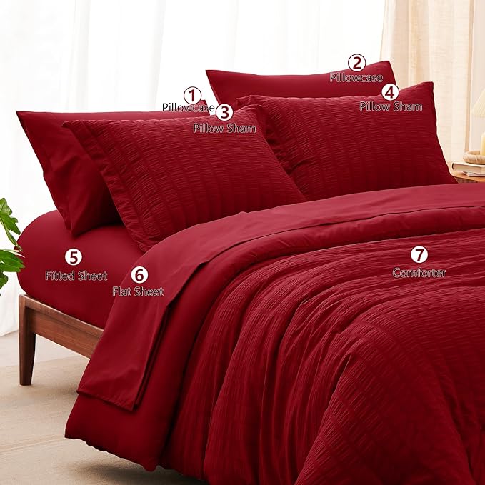 CozyLux Full Size Comforter Sets with Sheets Seersucker 7 Pieces Dark Red Bed in a Bag Textured Luxury Soft Bedding Set with Down Alternative Comforter, Sheets, Pillowcases & Shams for All Seasons