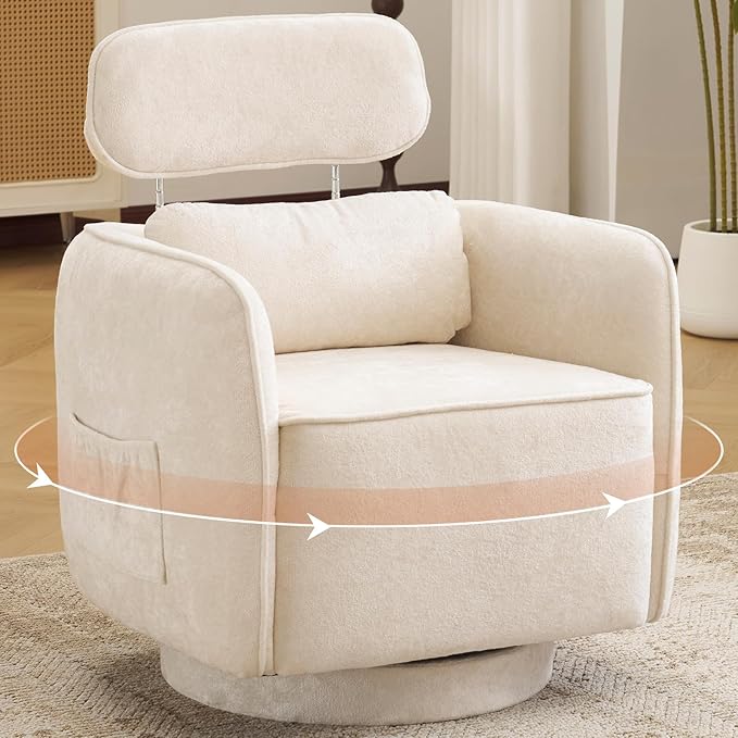Modern 360°Swivel Accent Chair Set of 2 with Adjustable Headrest, Round Swivel Barrel Chairs with Lumbar Pillow, Vanity Chair for Makeup, Comfy Living Room Armchair for Living Room, Bedroom, Beige