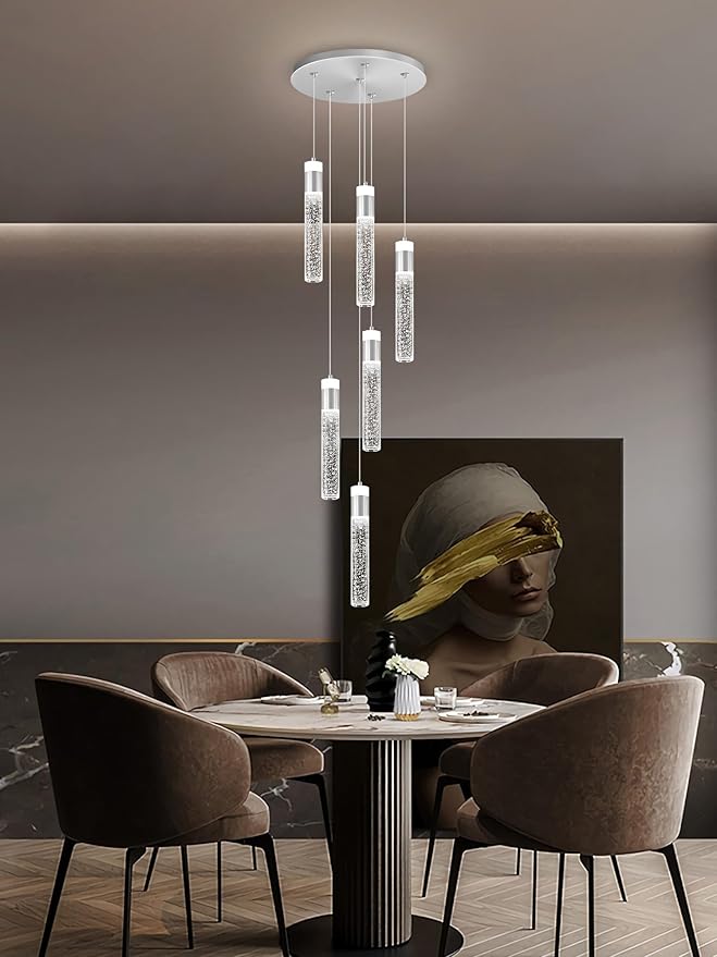 6-Light Silver Modern Crystal Raindrop Chandelier for Dining Room Entrance Long Crystal Bubble Column Chandelier for High Ceiling Lighting Fixtures LED Lampara, 3000k-6000K