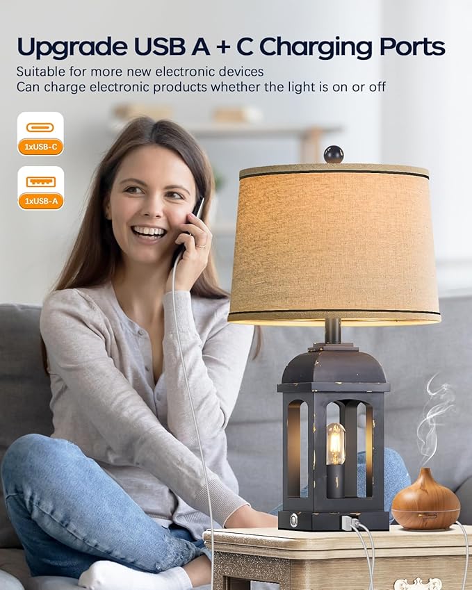 QiMH Table Lamp for Living Room, Farmhouse Lamps with USB A+C and Nightlight, 26" Rustic Bedside Lamps with 3-Way Dimmable Touch Control, Nightstand Lamp for Bedroom, Shabby Grey, 1 Pack