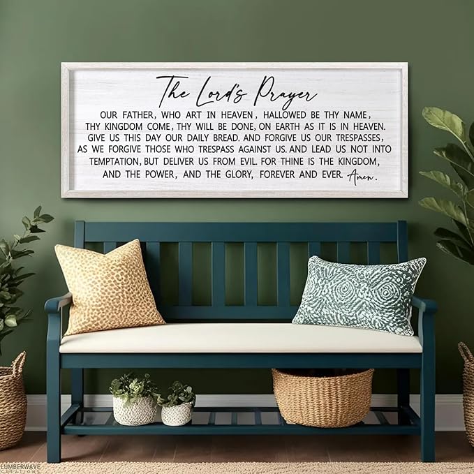 Our Father Prayer Bible Verse Framed Wall Art, 40''×15'' White Horizontal Religious Christian Lords Prayer Sign for God Jesus Christ Prayer, Rustic Holy Inspirational Catholic Scripture Decor