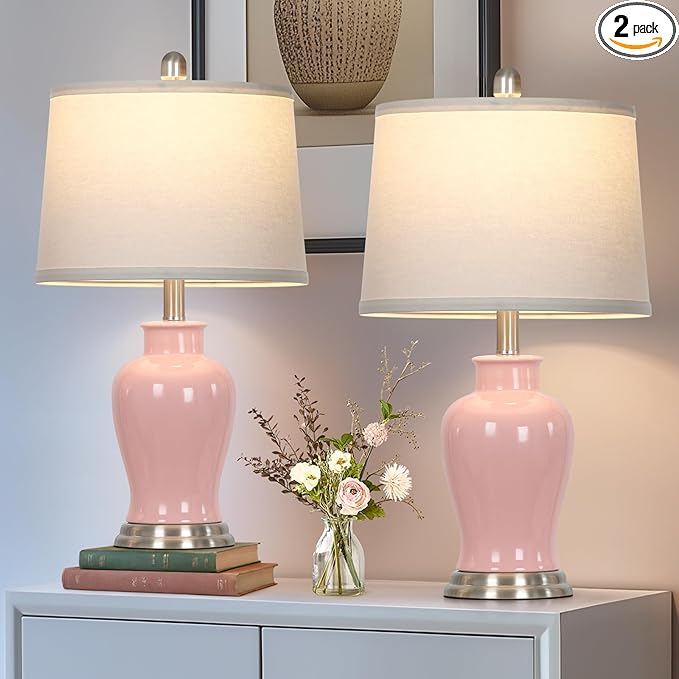 23" Ceramic Table Lamps Set of 2, Modern Ceramic Lamps for Living Room, Cute Bedside Lamps with Ginger Jar Design, Elegant Bedroom Lamps for Nightstand Dining Room Desk Side End Table Home Decor, Pink